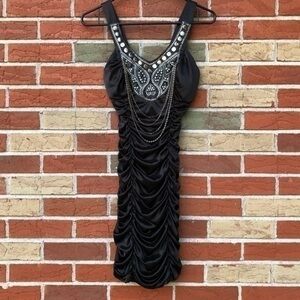 L.A.M.B. Embellished Silver Beaded Ruched V-neck Black Sleeveless Mini Dress 👗